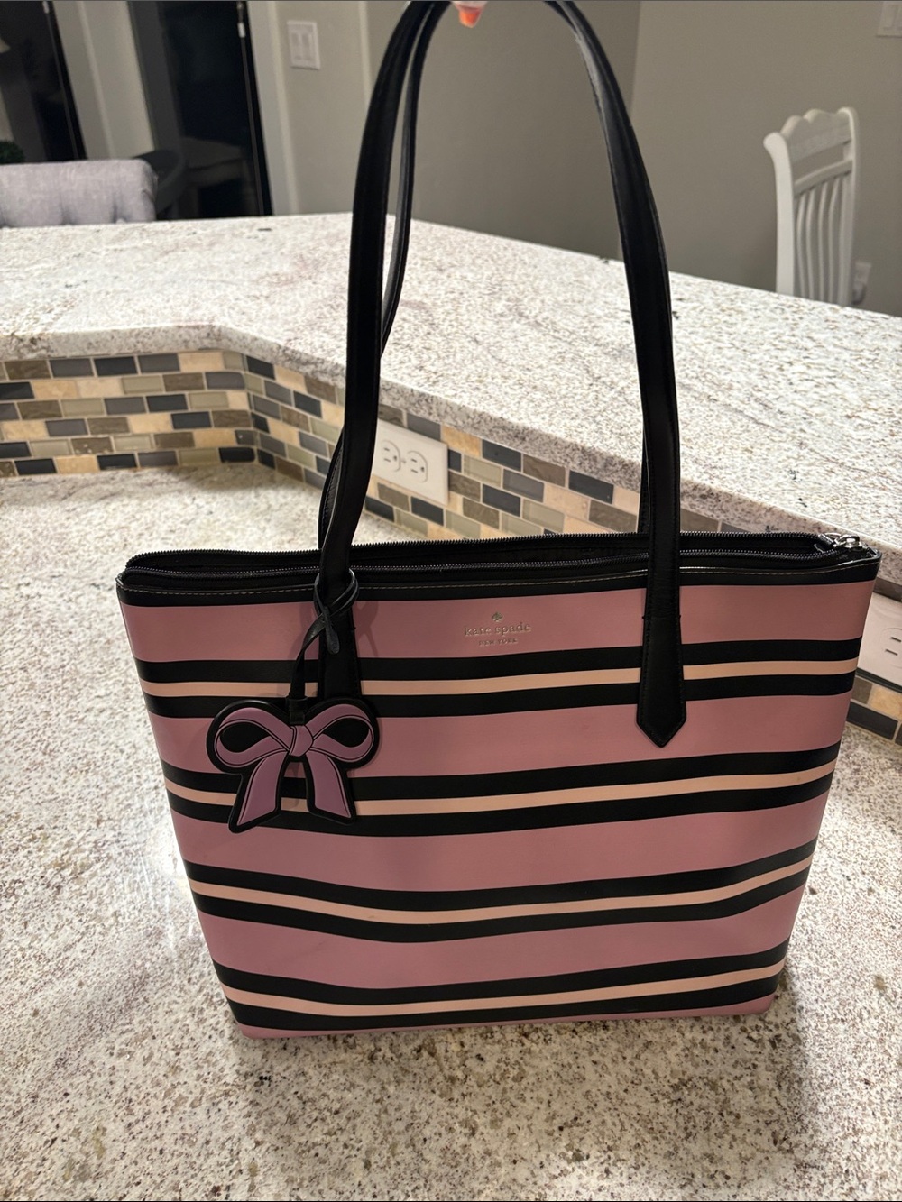 kate spade Pink and Black Striped Tote with Bow Charm Accent